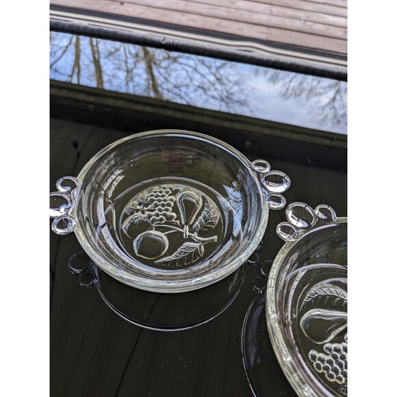 Vintage Clear Pressed Glass Berry/ Dessert Bowl Set Of Two Bottom Bubble Handles - Picture 3 of 13